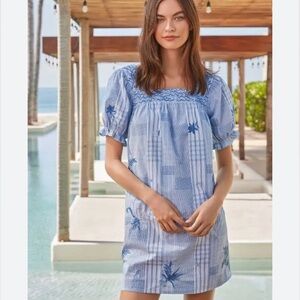 New JOHNNY WAS Marbella Blue Plaid Embroidered Square Neck Park Dress XL